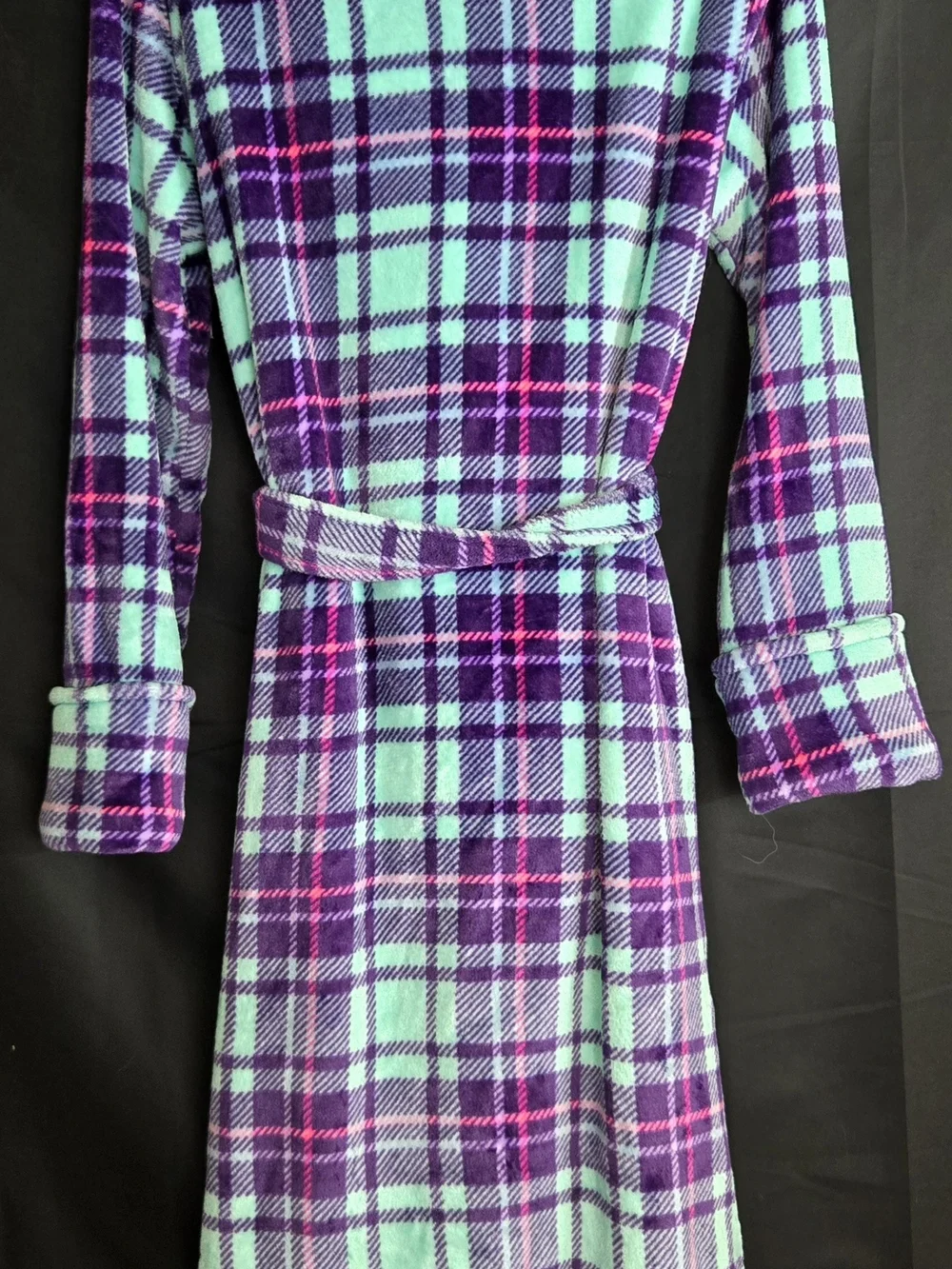 Womans  Plush Plaid Hooded Bathrobe - Purple & Mint #547